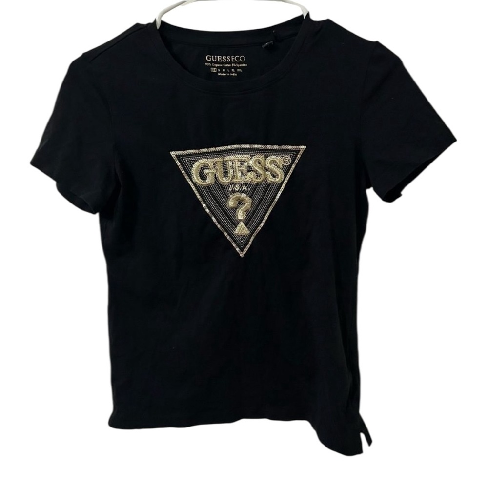 Guess Black Tee with Gold Sequin and Embroidered Logo | Size XS